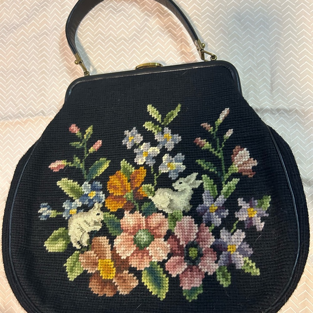 Floral Embroidered Black Handbag